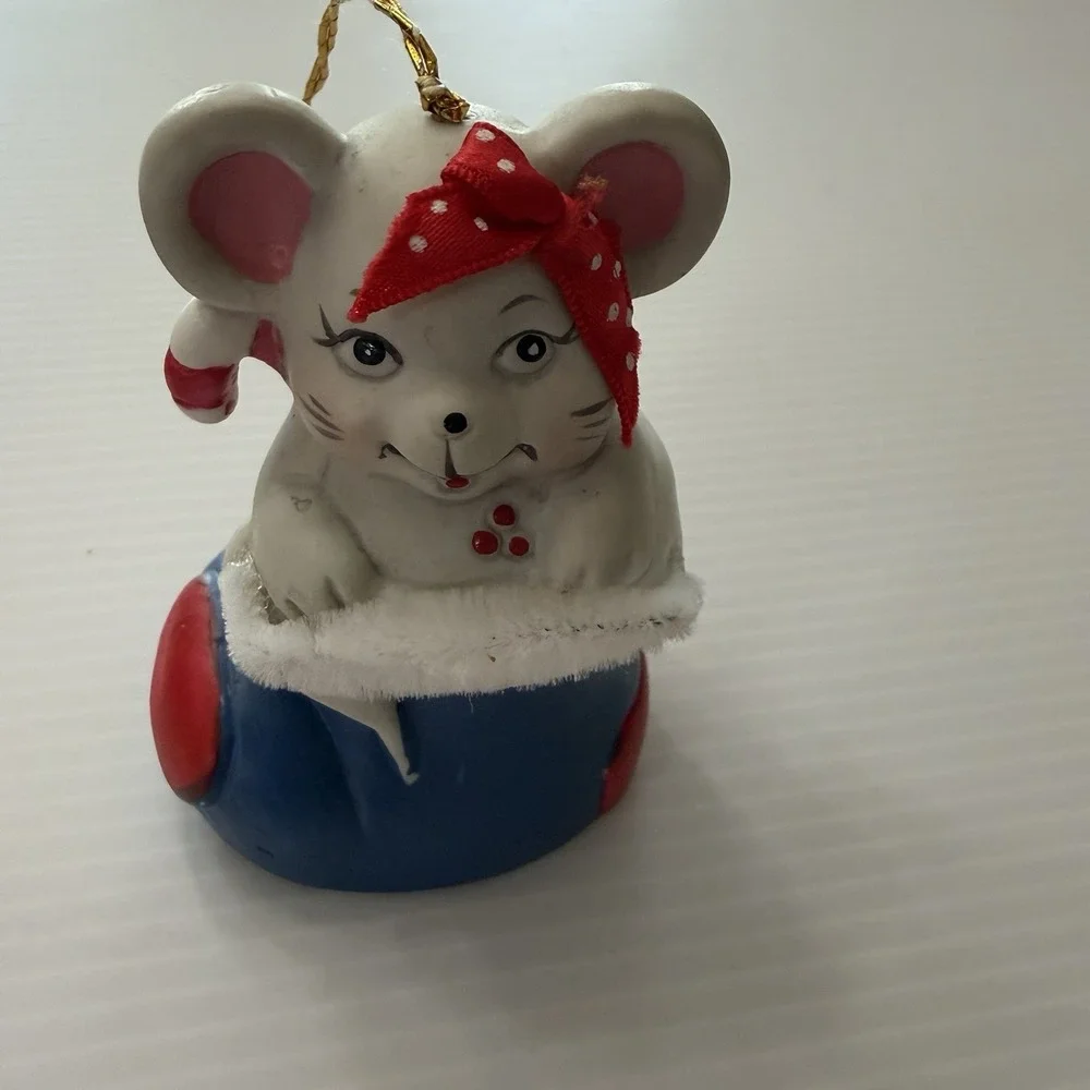 Vintage Christmas Ornament Lot Mouse In Boot Puppy In Santa Hat Giftco Bells